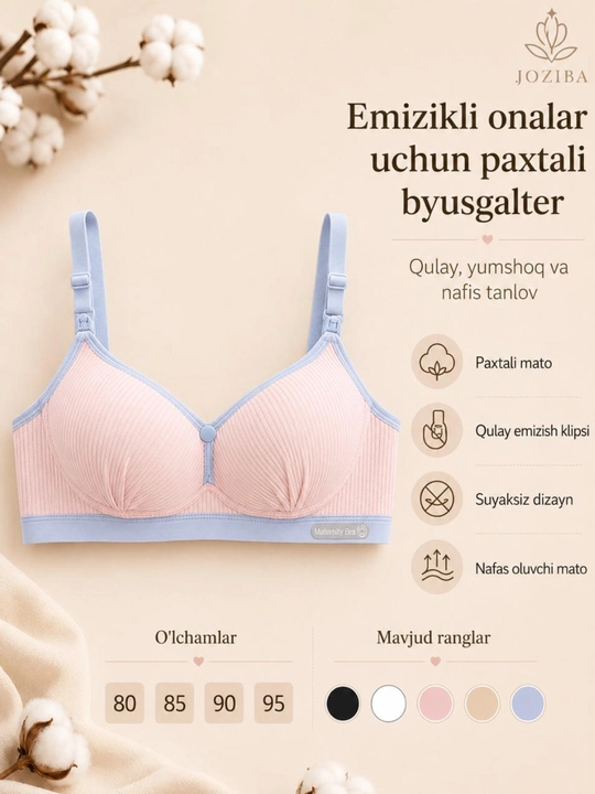 Emizikli onalar uchun paxtali byusgalter, klipsli, suyaksiz, 80-95 razmer - 