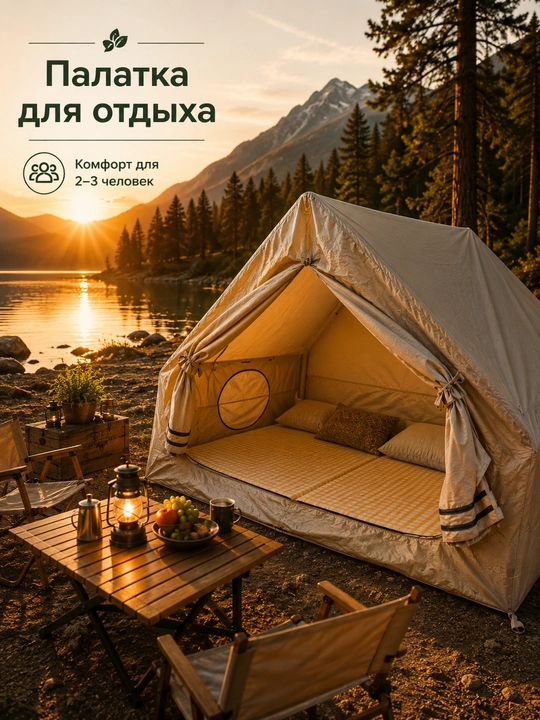 Семейная туристическая палатка с навесом, влагостойкая, для кемпинг и отдыха, 2–4 человекa - 