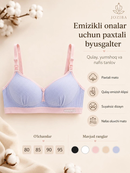 Emizikli onalar uchun paxtali byusgalter, klipsli, suyaksiz, 80-95 razmer - 
