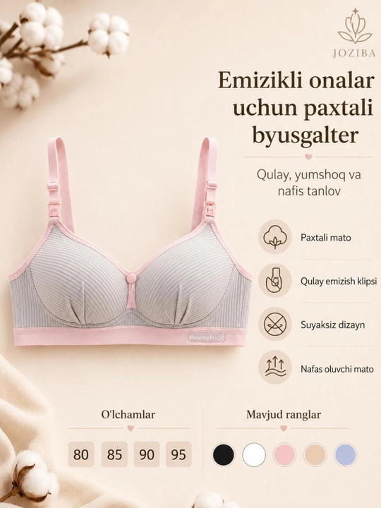 Emizikli onalar uchun paxtali byusgalter, klipsli, suyaksiz, 80-95 razmer - 