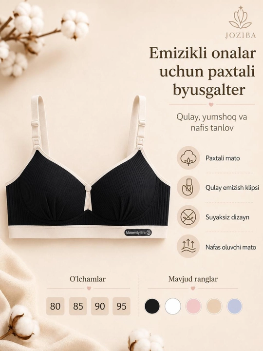 Emizikli onalar uchun paxtali byusgalter, klipsli, suyaksiz, 80-95 razmer - 