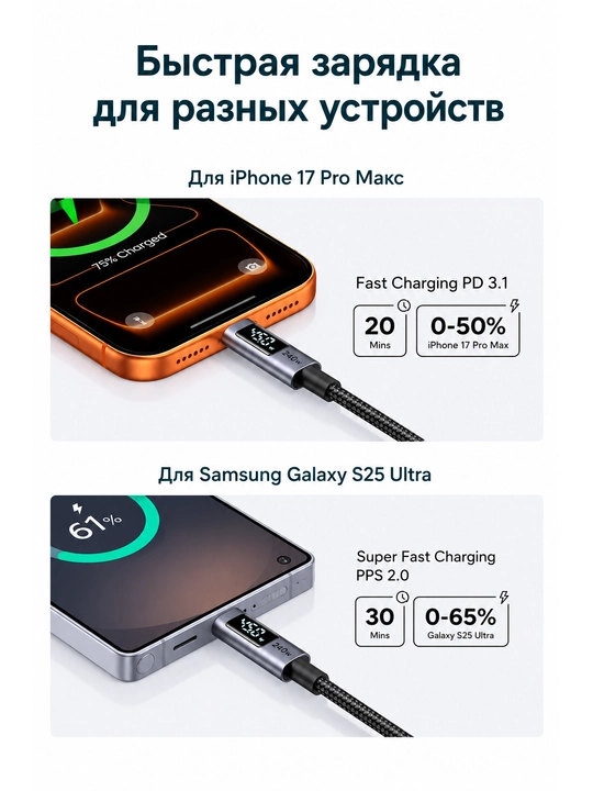 UGREEN L530 (65866) 240W 2 metr Type-C / Type-C zaryadlash kabeli