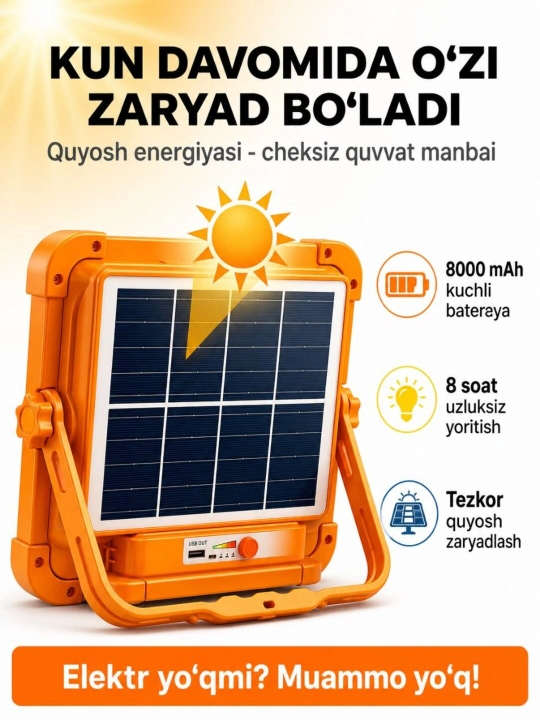 LED yorug'lik nuri kuchli quyosh batareyasi, quvvat banki, Hajmi 21sm-17sm, 5 ish rejimi,