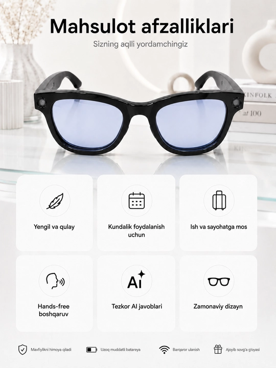 Smart Glasses aqlli ko‘zoynak, AI yordamchi va ovozli boshqaruv bilan