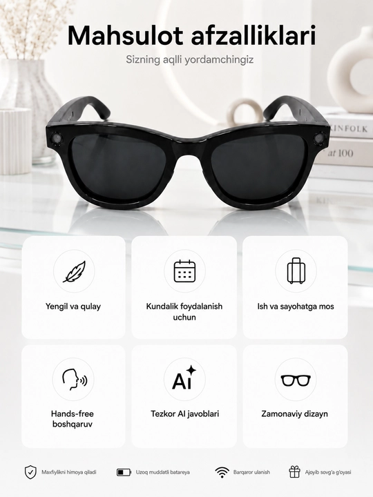 Smart Glasses aqlli ko‘zoynak, AI yordamchi va ovozli boshqaruv bilan