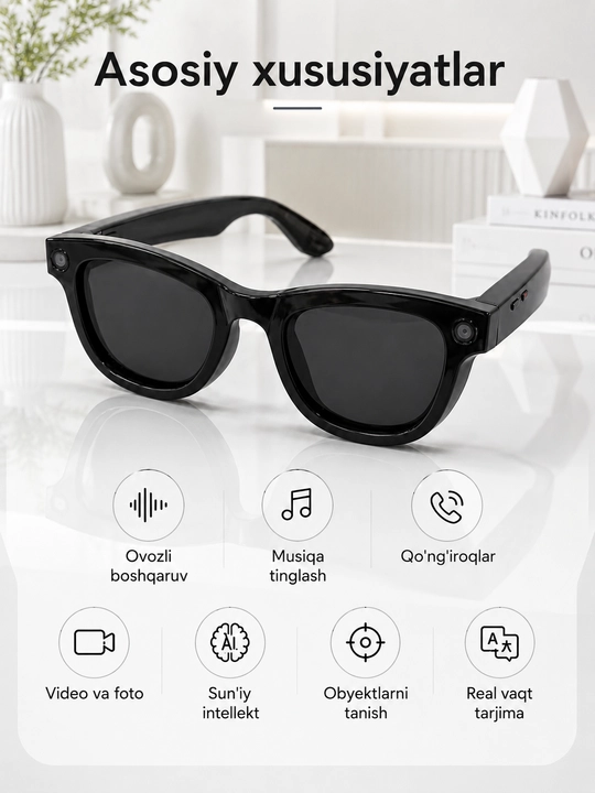 Smart Glasses aqlli ko‘zoynak, AI yordamchi va ovozli boshqaruv bilan