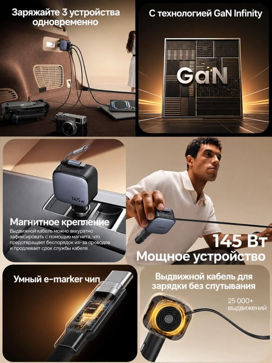 UGREEN EC604 (55910B) — 145W quvvatga ega premium avtomobil zaryadlovchi qurilmasi