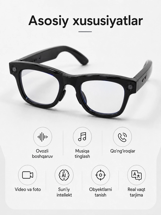 AI Smart ko‘zoynak, Bluetooth, kamera va ovozli boshqaruv funksiyasi bilan