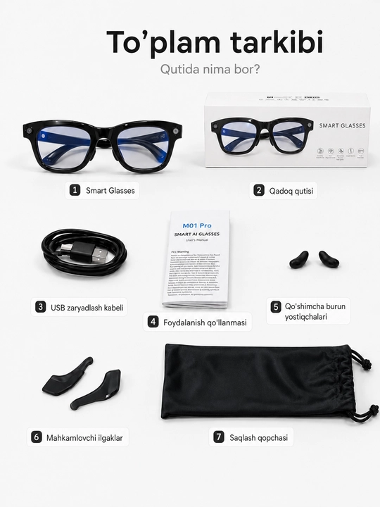 AI Smart ko‘zoynak, Bluetooth, kamera va ovozli boshqaruv funksiyasi bilan