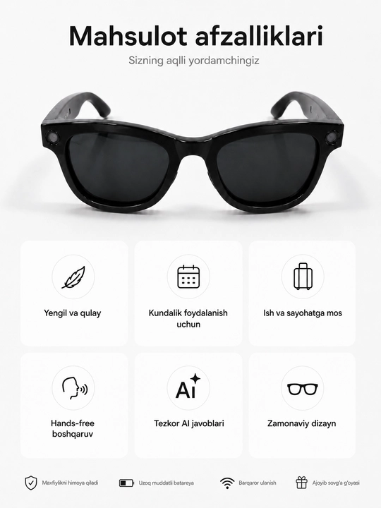 AI Smart ko‘zoynak, Bluetooth, kamera va ovozli boshqaruv funksiyasi bilan