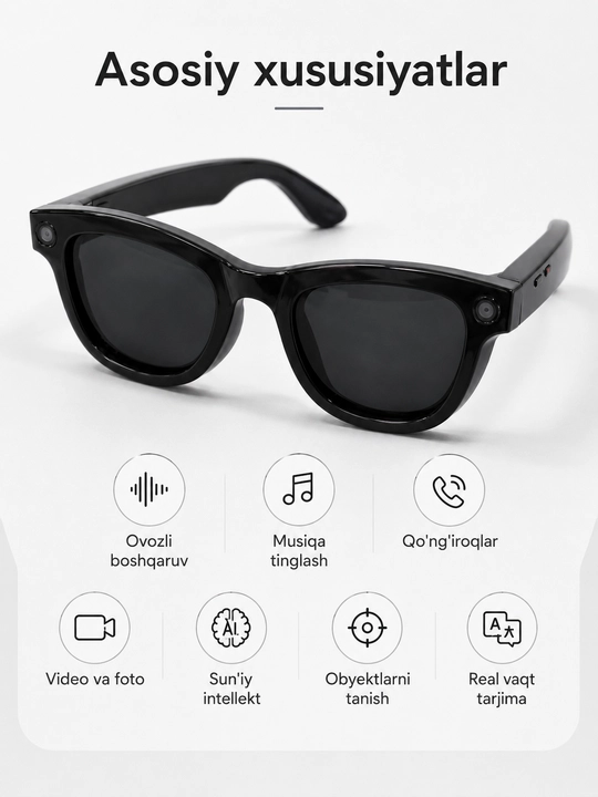 AI Smart ko‘zoynak, Bluetooth, kamera va ovozli boshqaruv funksiyasi bilan