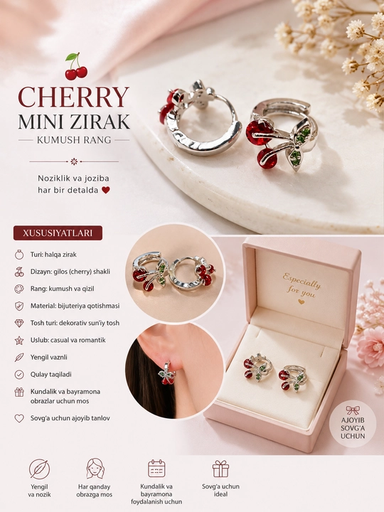 Cherry Mini Zirak — Qizchalar uchun kumush rangli zirak - 