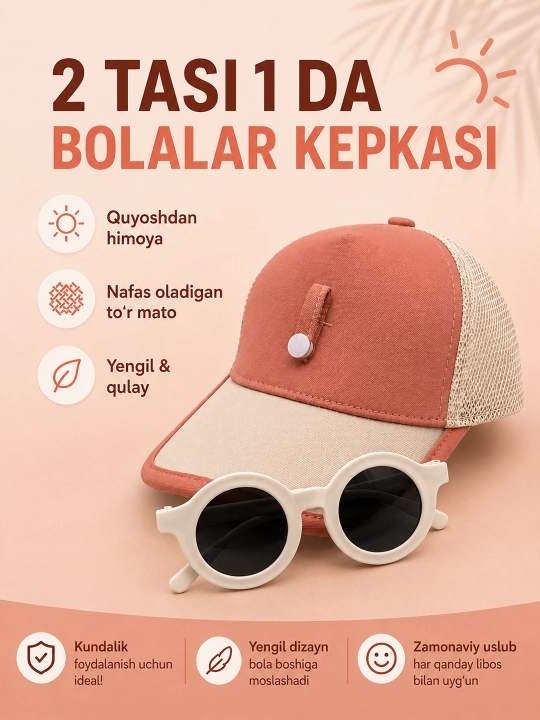 Bolalar kepkasi, 3D parrak, kepka va ko'zoynak to'plami, kepka 3-6 yosh,  bosh kiyim - 