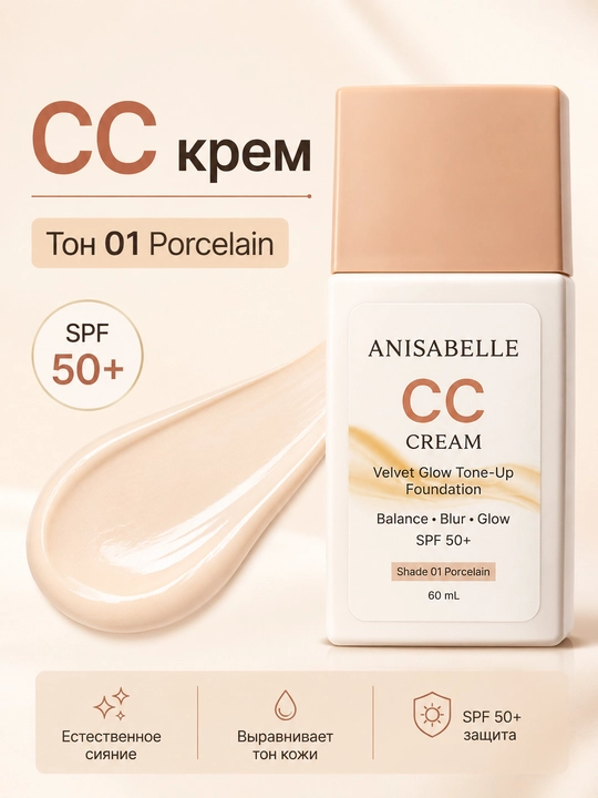 CC крем ANISABELLE SPF 50+, тональный, для лица, сияющий финиш, 60 мл