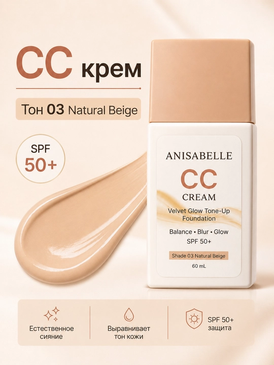 CC крем ANISABELLE SPF 50+, тональный, для лица, сияющий финиш, 60 мл - 