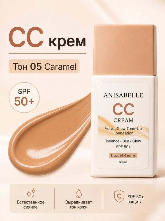 CC крем ANISABELLE SPF 50+, тональный, для лица, сияющий финиш, 60 мл - 