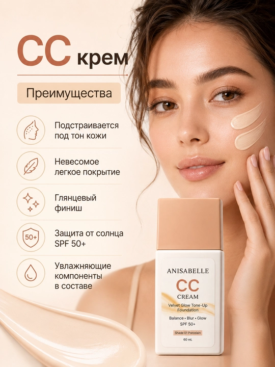 CC крем ANISABELLE SPF 50+, тональный, для лица, сияющий финиш, 60 мл - 