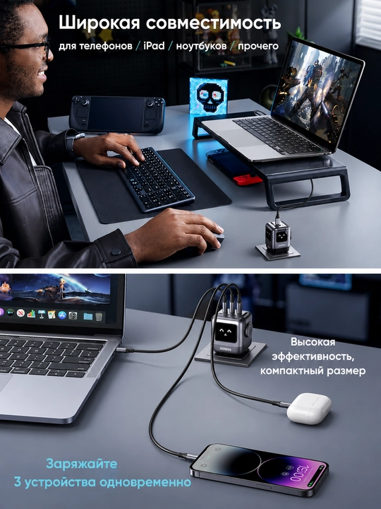 Сетевое зарядное устройство в виде робота UGREEN UNO CD361 (25685B) 65W USB-A+2*USB-C GaN