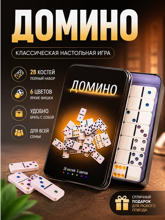 Домино классическое 28 костей в металлическом кейсе, настольная игра для всей семьи - 