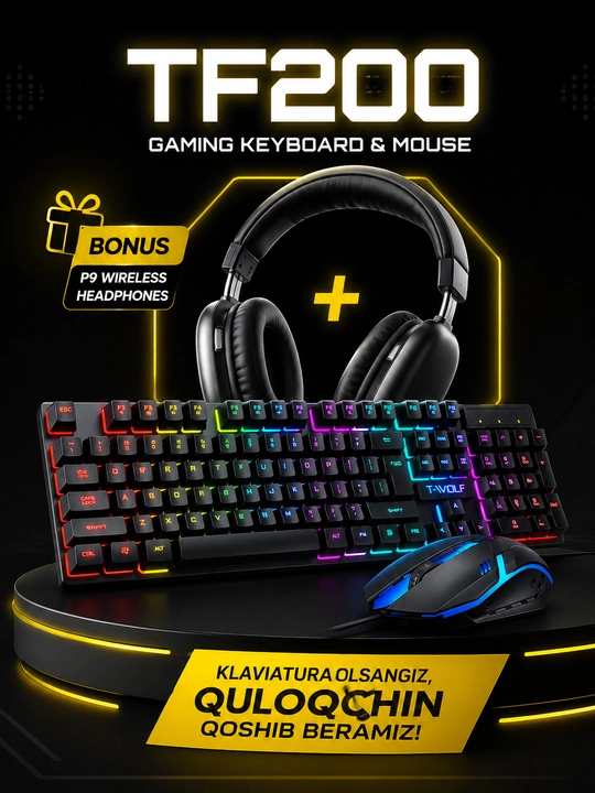 Игровой комплект TF200 RGB клавиатура и мышь + беспроводные наушники P9 в подарок - 