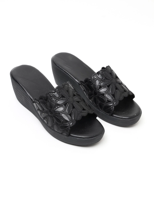 2027T1 ayollar sabosi, gul naqshli eko charm, 5 sm poshna, 2 rang