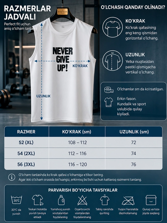 Erkaklar sport maykasi, erkin bichimli NEVER GIVE UP bosma naqshli yengsiz