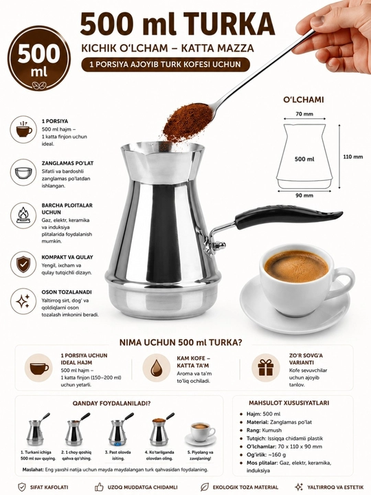 Qahva pitcheri 600 ml,350 ml, zanglamaydigan po‘latdan–sut ko‘pirtirish va latte-art uchun - 