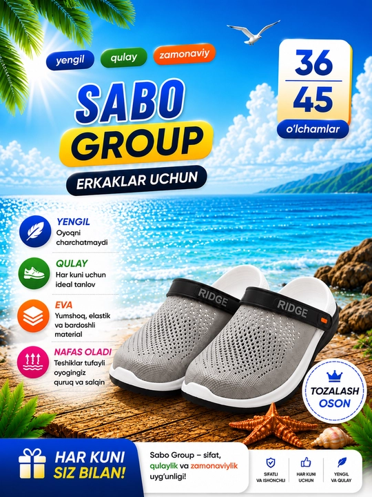 Sabo-yozgi plyaj ,uy , ish va erkaklar uchun poyabzal