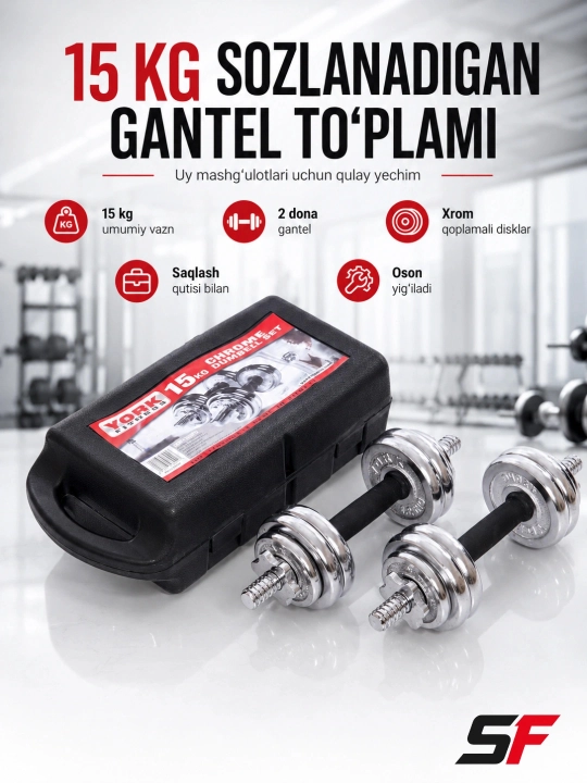 Gantellar to‘plami, sozlanadigan vaznli (15 kg, 20 kg, 30 kg, 55 kg) - 