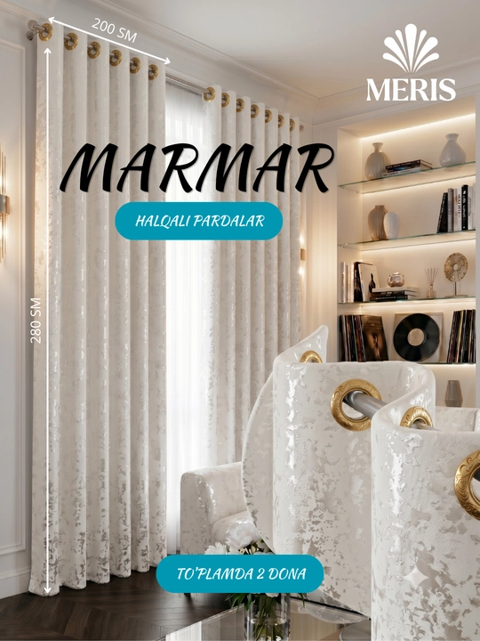 MERIS Marmar fakturali lyuversli parda, 2 dona, 150×280 sm, yotoqxona va mehmonxona uchun - 