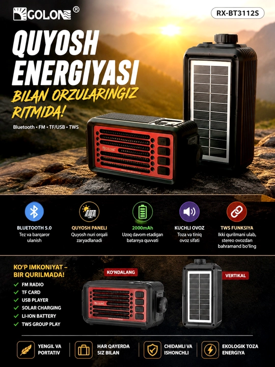 Portativ dinamik kolonka quyosh paneli va radio bilan - 