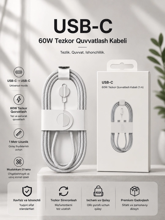 USB-C dan USB-C ga 60W tezkor quvvatlash kabeli, 1 metr - 