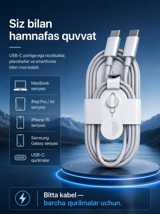 USB-C dan USB-C ga 60W tezkor quvvatlash kabeli, 1 metr