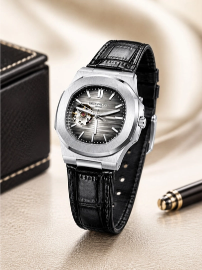 Мужские наручные часы Patek PHP, механические часы в подарочной коробке — WATCHOZ-PHPATEK150-ТЕМНСЕР
