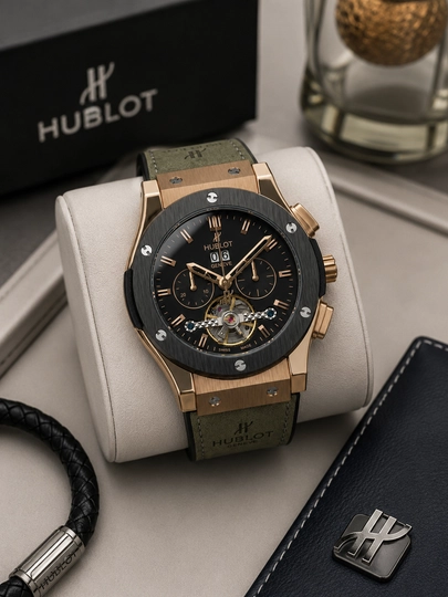 Мужские наручные часы Hublot, японский механизм, механика, сапфировое стекло, классический — UNIKALW-0000002-ЗОЛХАКИ-Premium