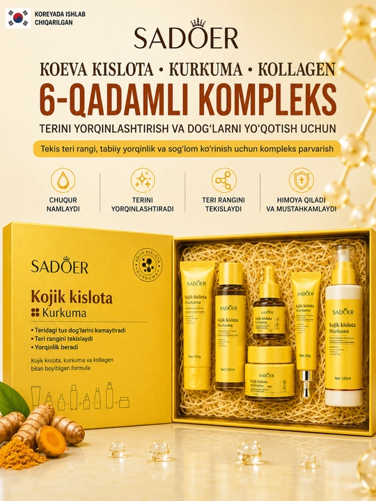 Sovg‘a to‘plami 6 dona: gel, toner, sarum, emulsiya, 2 krem — yoritadi va mustahkamlaydi