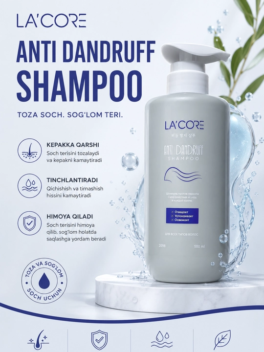 LA'CORE Anti Dandruff Shampoo 500 ml Kepekka Qarshi Shampun Barcha Sochlar Uchun - 