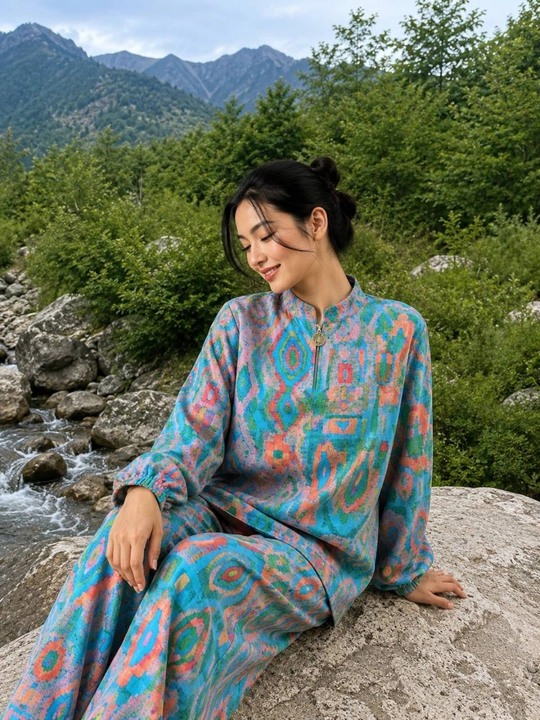 Shtapel matodan tikilgan ayollar uy kostyumi - ko‘ylak va shim, katta o‘lchamli