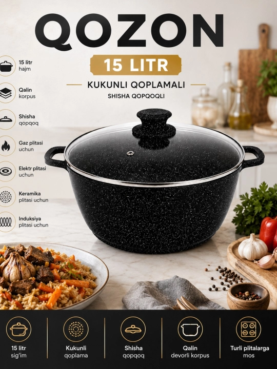 Qozon 15 litr kukunli qoplamali shisha qopqoqli qozoncha - 