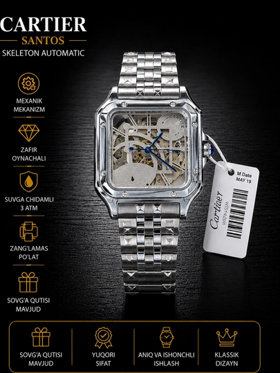 Мужские механические наручные часы Cartier, различные модели, в коробке и с документами — WATCHOZ-CARTIER2XIL-ХРОМ