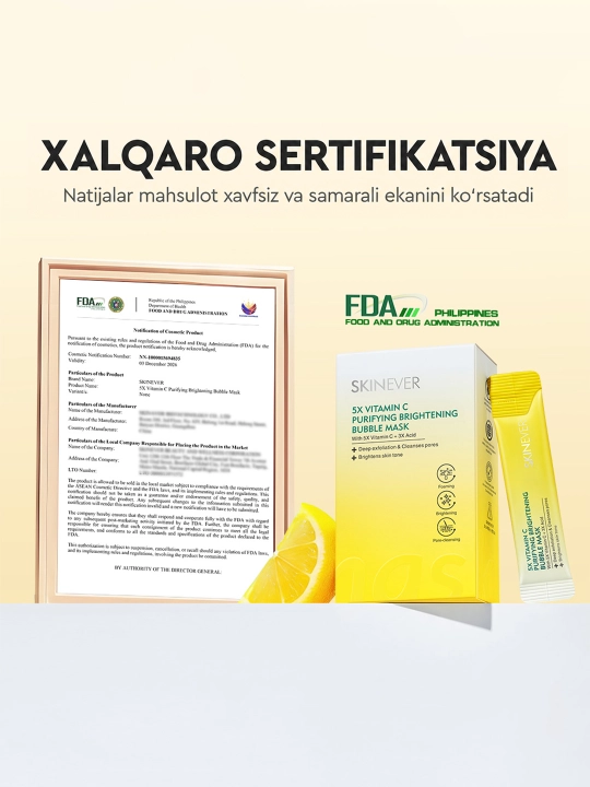 Yuz uchun SKINEVER 5X Vitamin C tozalovchi va tiniqlashtiruvchi pufakli niqob, sashda