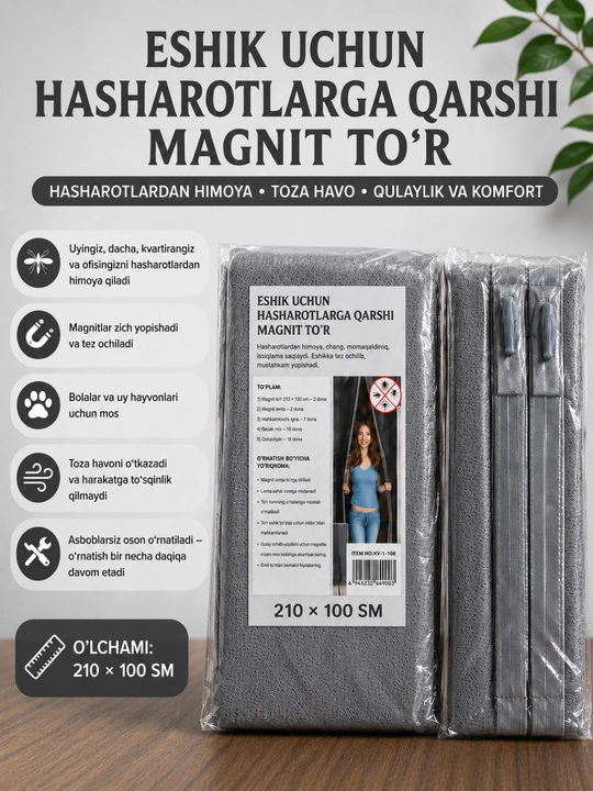Chivin, pashsha va hasharotlardan himoyalovchi magnitli parda, eshik uchun chivin to‘ri - 