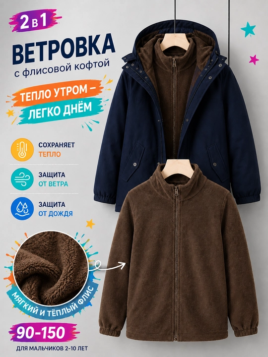 Куртка детская 2 в 1, демисезонная, со съёмным флисом, осень- весна. Размеры: 90–150