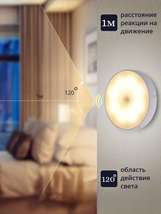 LED светильник с датчиком движения, беспроводной, 3 режима освещения