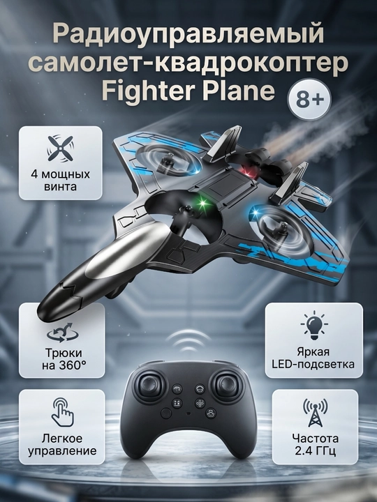 Радиоуправляемый самолет-дрон Fighter с 360° трюками и яркой RGB-подсветкой - 