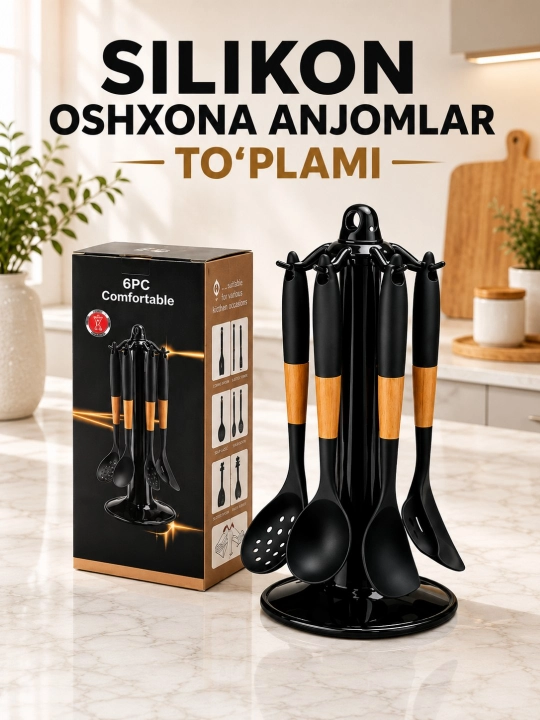 Silikon oshxona anjomlari 6 dona, aylanuvchi stoykali qoshiq va ag'dargichlar - 