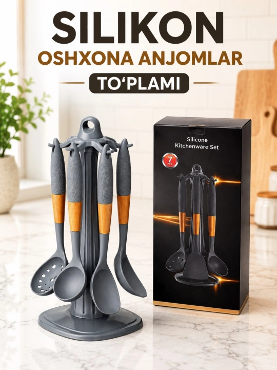 Silikon oshxona anjomlari 6 dona, aylanuvchi stoykali qoshiq va ag'dargichlar - 