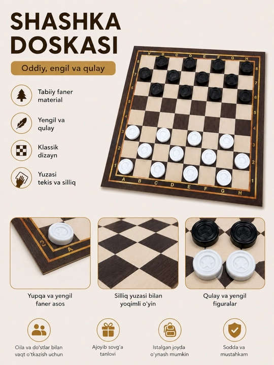 Shashka o`yin to`plami, yeg`iladigan yog`och mazayka doska, faner shashka - 