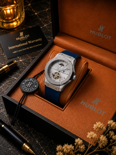 Мужские часы Hublot, автоматические, механические, в подарочной коробке — YUTOP-00W0011-СИНИЙ