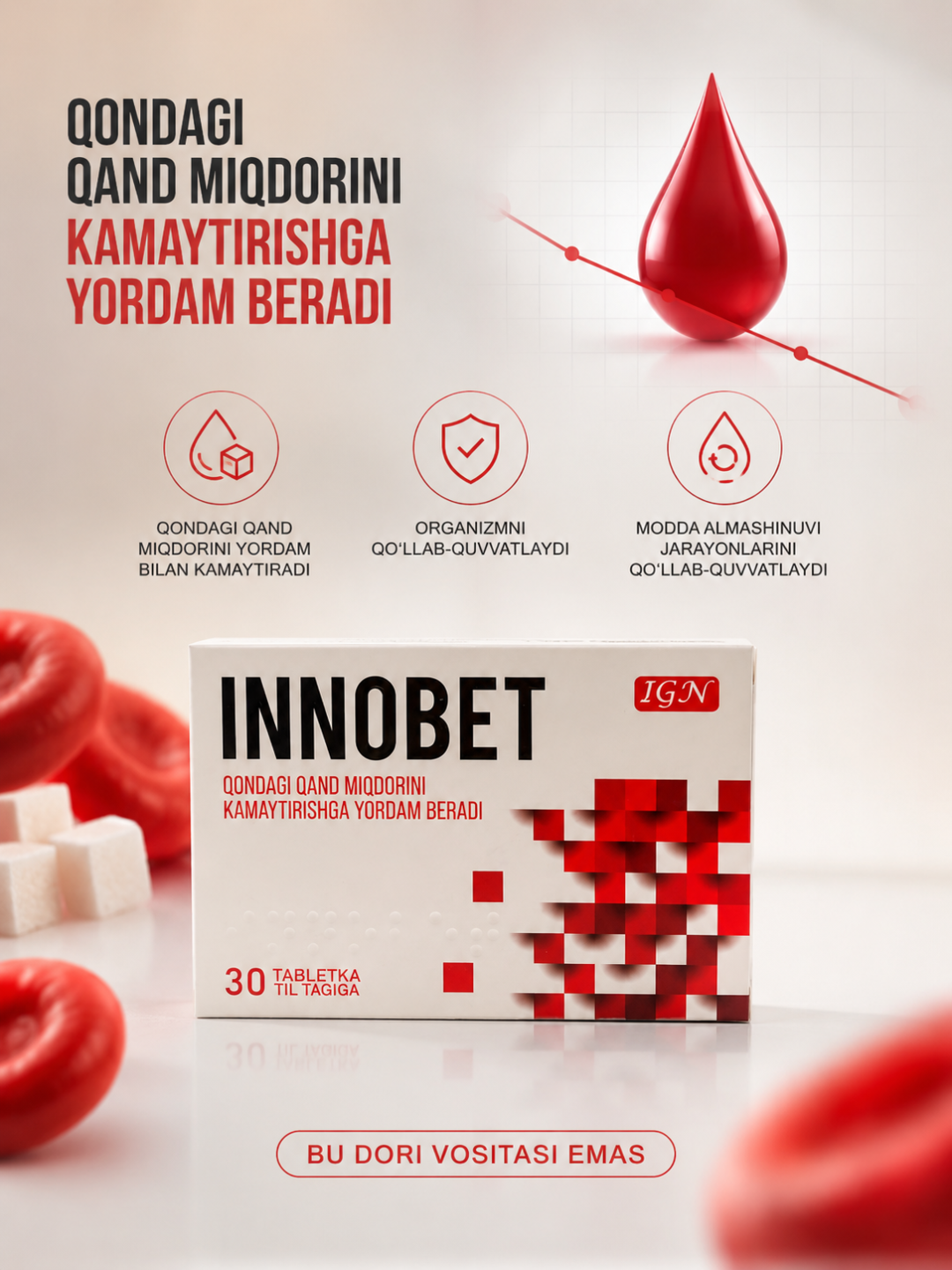 INNOBET – Qand nazoratini qo‘llab-quvvatlovchi biologik faol qo‘shimcha, 30 tabletka - 